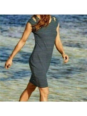 Athleta Women's Small Blue Gray Striped Scoop Neck Cold Shoulder Knit Dress